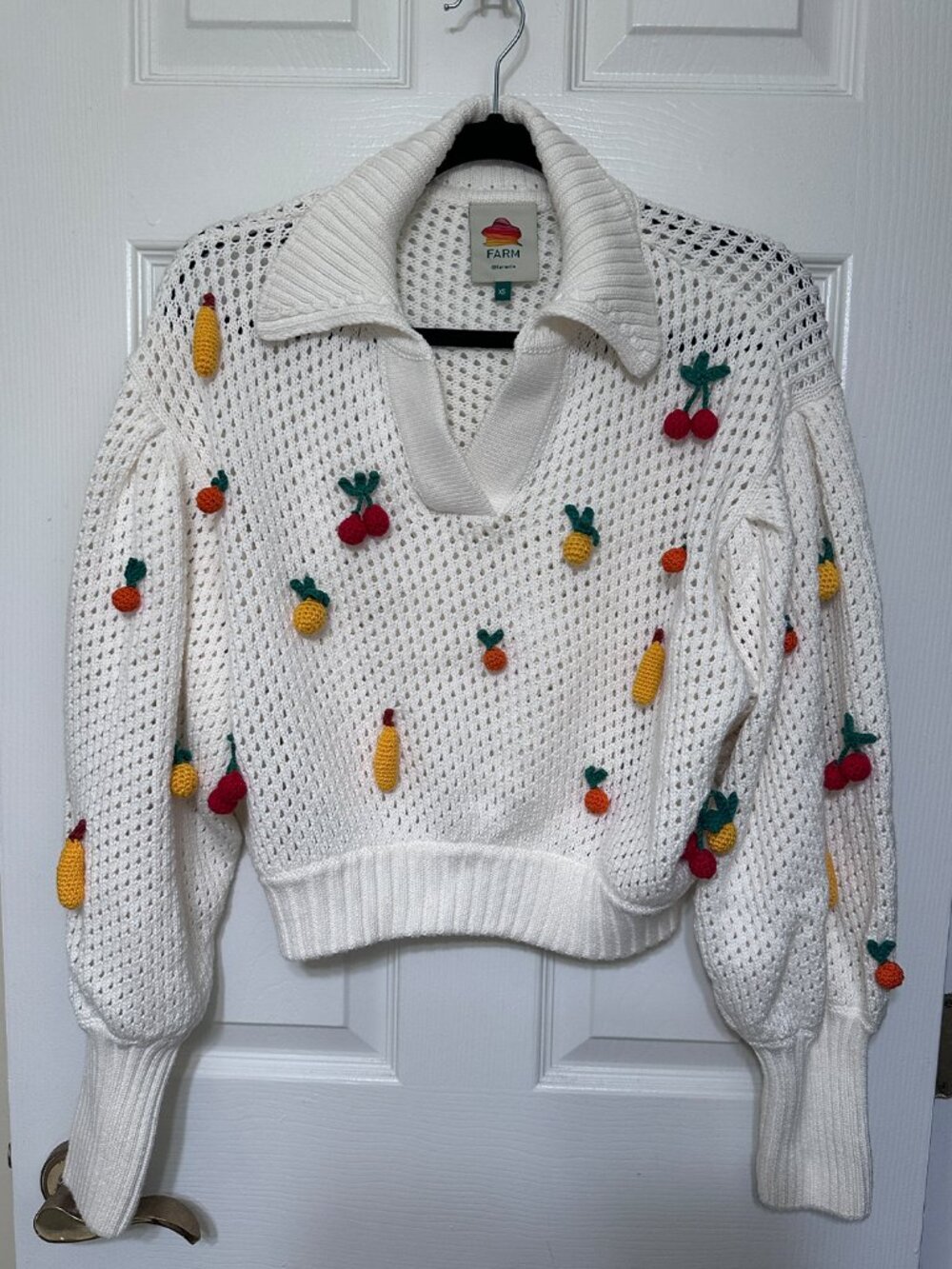 FARM Rio Open Stitch Crochet Fruit Cotton Sweater White - XS - Picture 7 of 10